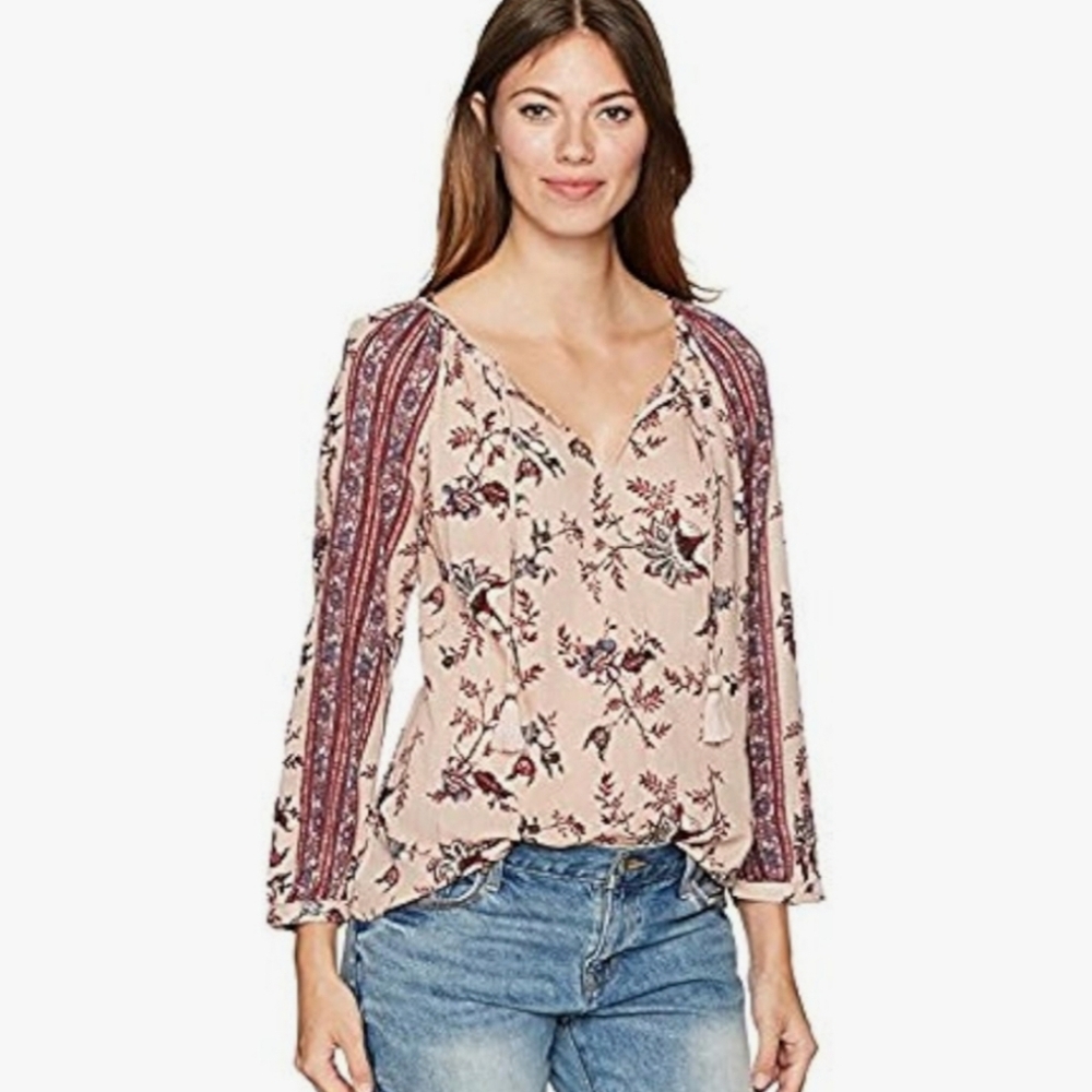Lucky Brand Pink Floral Peasant Boho Tasseled Long-Sleeve Top  |  Size Large